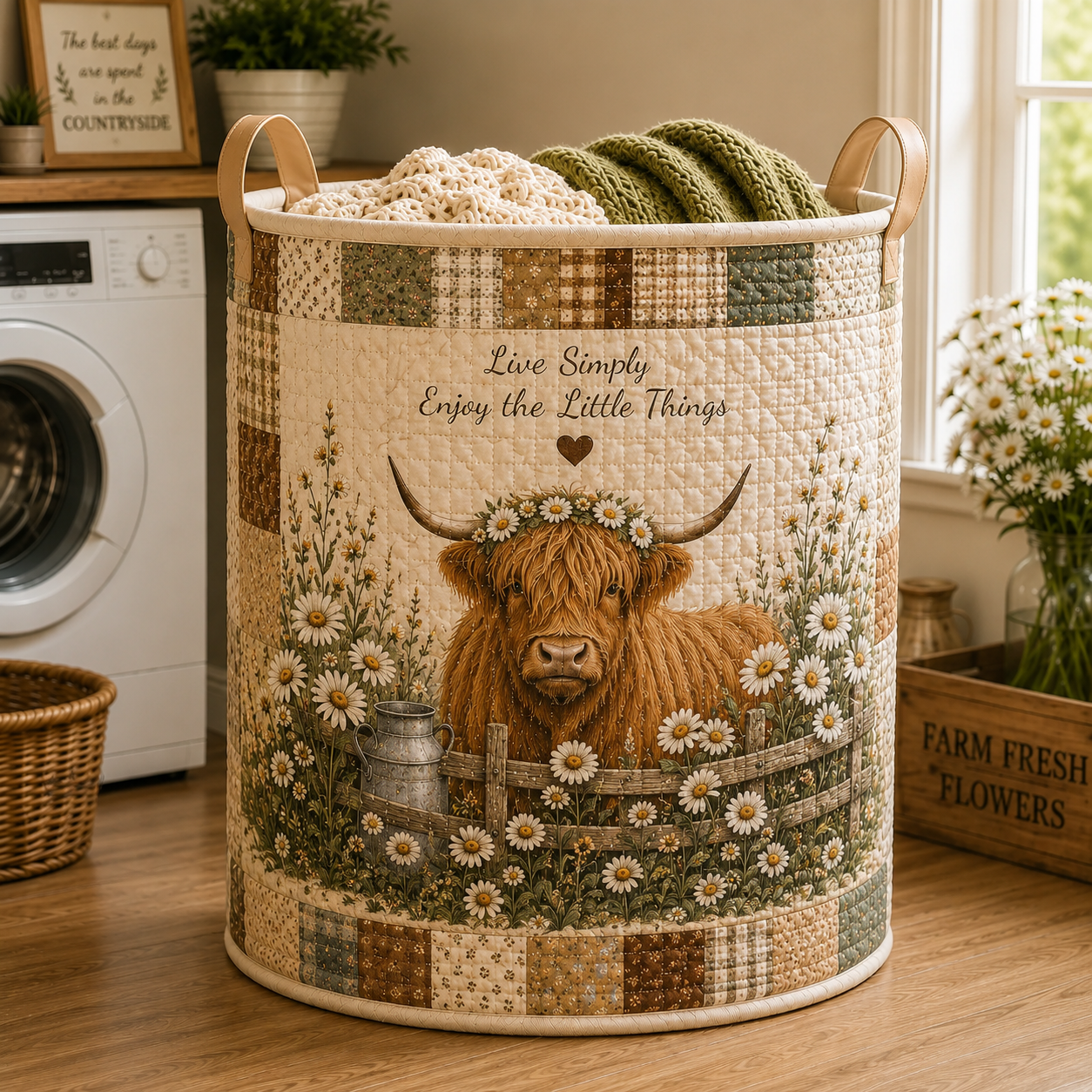 Highland Cow Countryside Quilted Laundry Basket