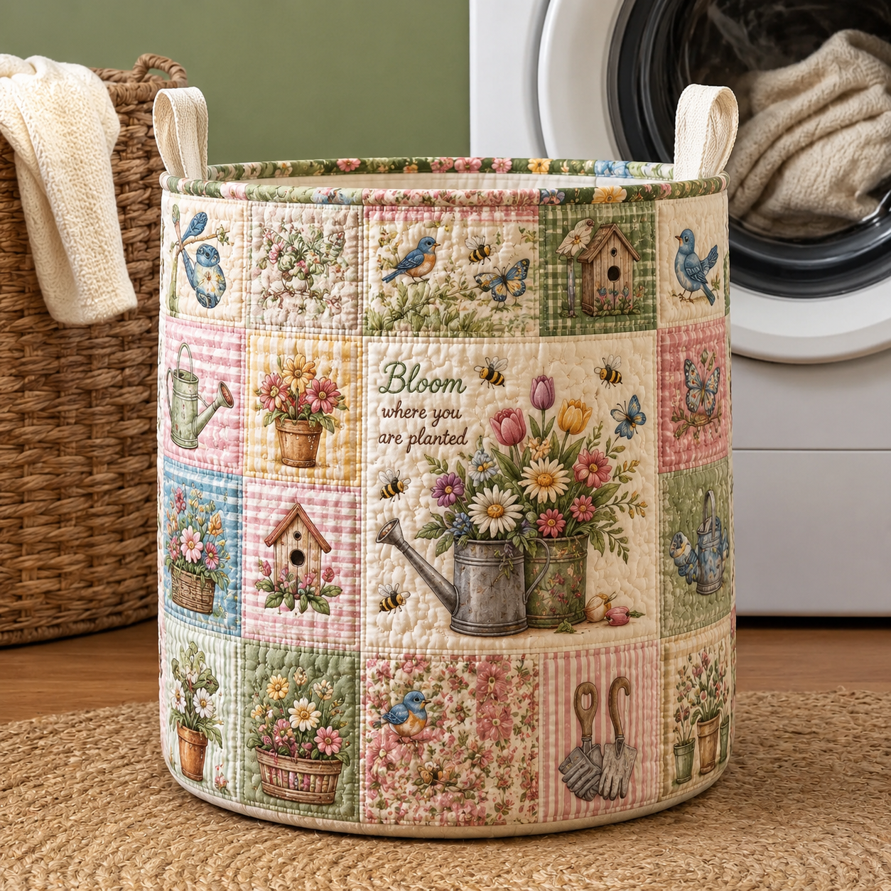 Garden Bloom Bee Farmhouse Quilted Laundry Basket