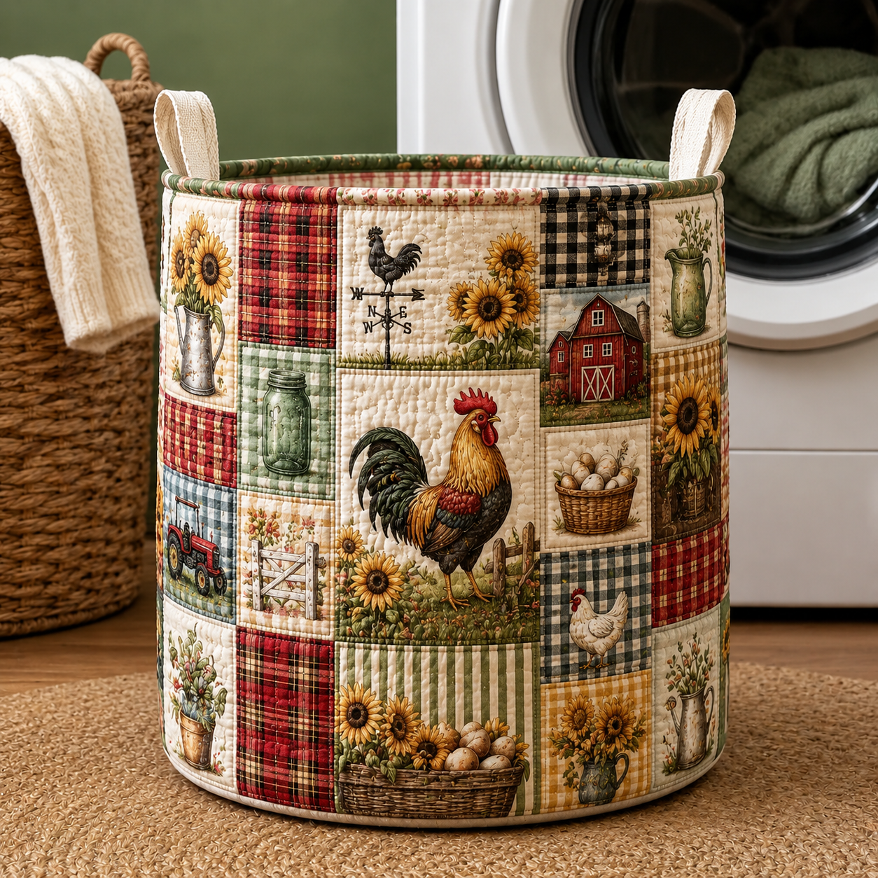 Farm Rooster Sunflower Farmhouse Quilted Laundry Basket
