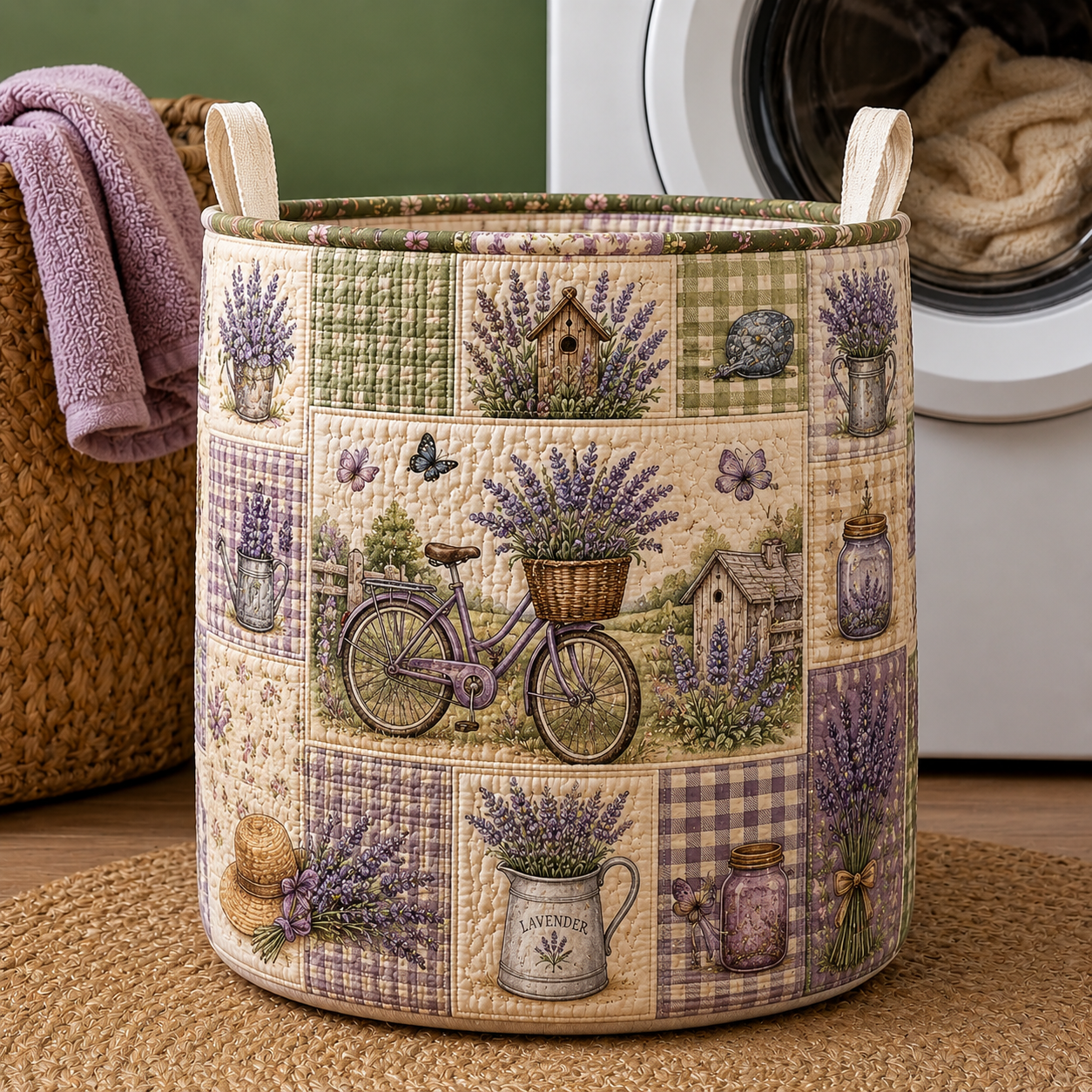 Lavender Bicycle Patchwork Farmhouse Quilted Laundry Basket