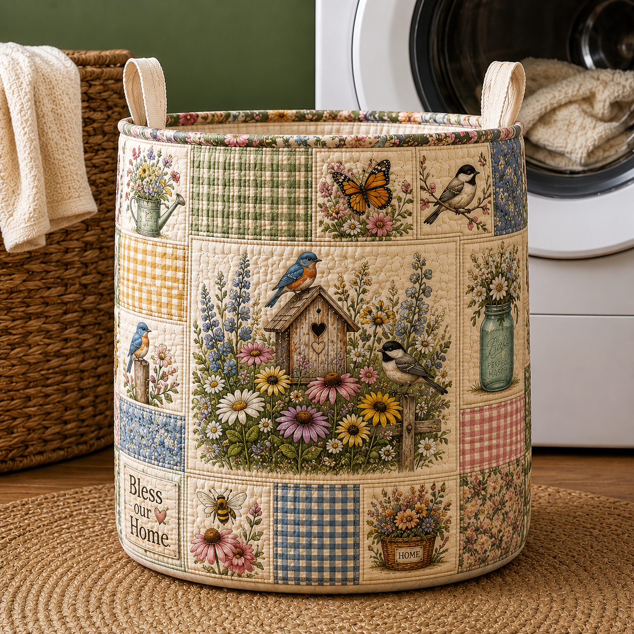Wildflower Birdhouse Farmhouse Quilted Laundry Basket