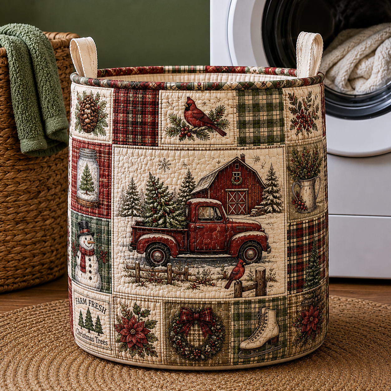 Winter Cardinal Truck Farmhouse Quilted Laundry Basket
