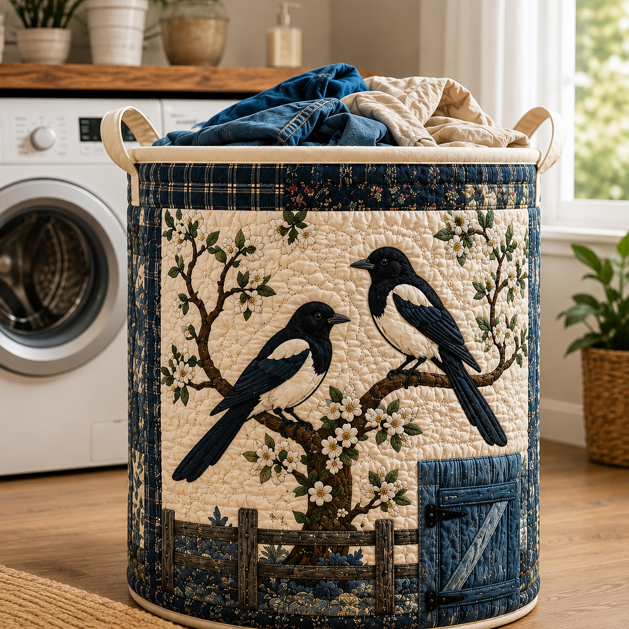 Magpie Fence Floral Farmhouse Quilted Laundry Basket