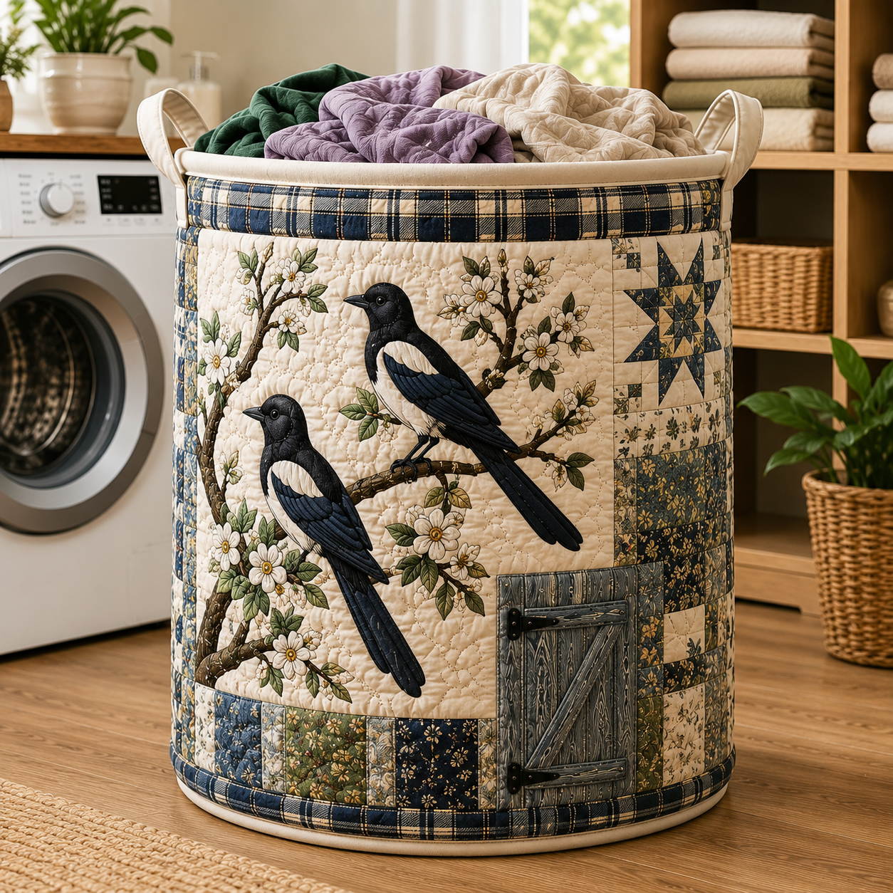 Magpie Blossom Branch Farmhouse Quilted Laundry Basket