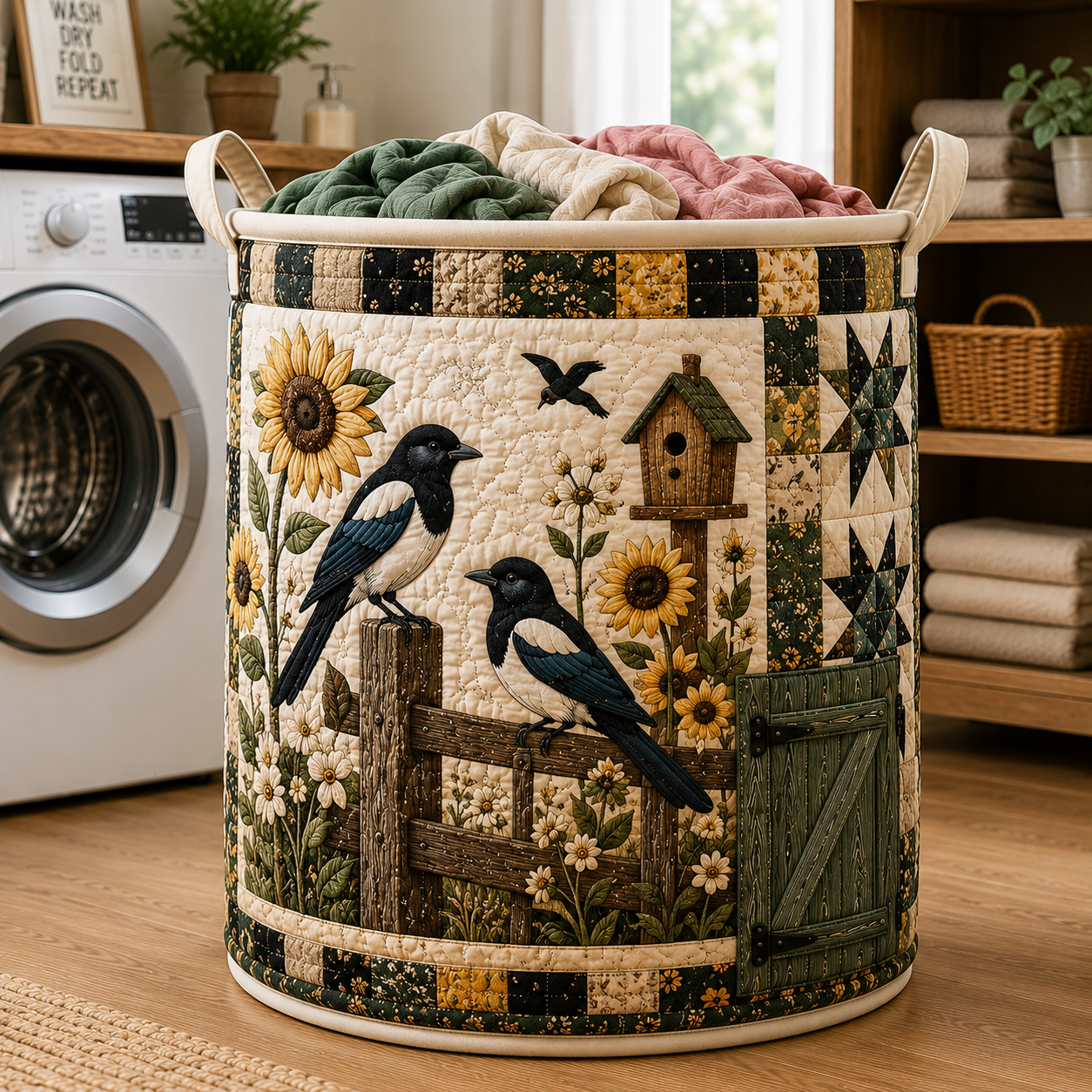 Magpie Sunflower Birdhouse Farmhouse Quilted Laundry Basket