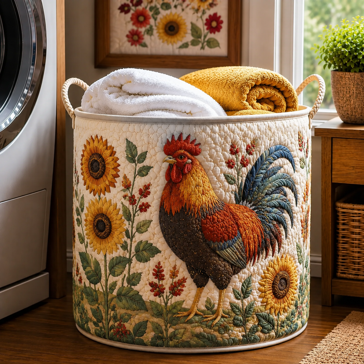 Rooster Sunflower Farm Garden Quilted Laundry Basket