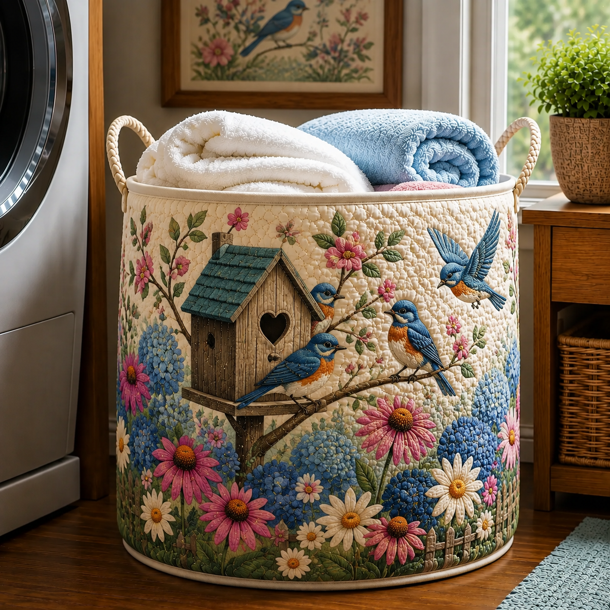 Blue Bird Birdhouse Wildflower Garden Quilted Laundry Basket