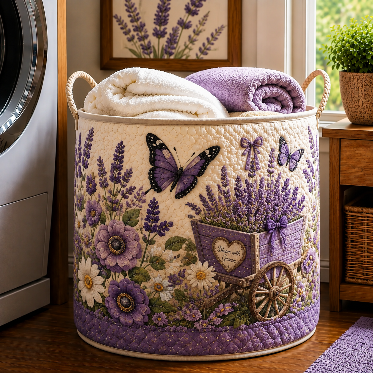 Lavender Butterfly Wooden Cart Garden Quilted Laundry Basket