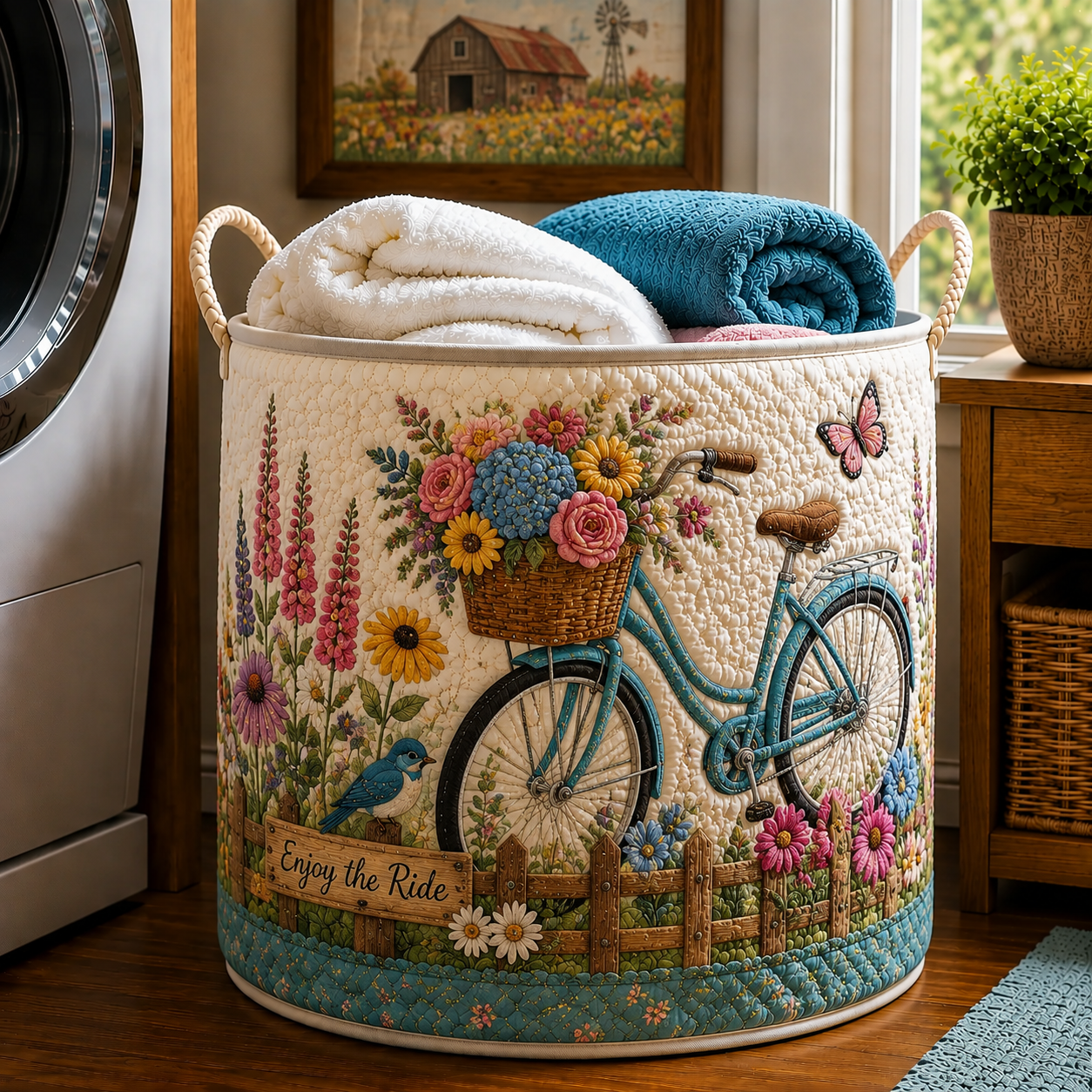Vintage Bicycle Flower Basket Blue Bird Garden Quilted Laundry Basket