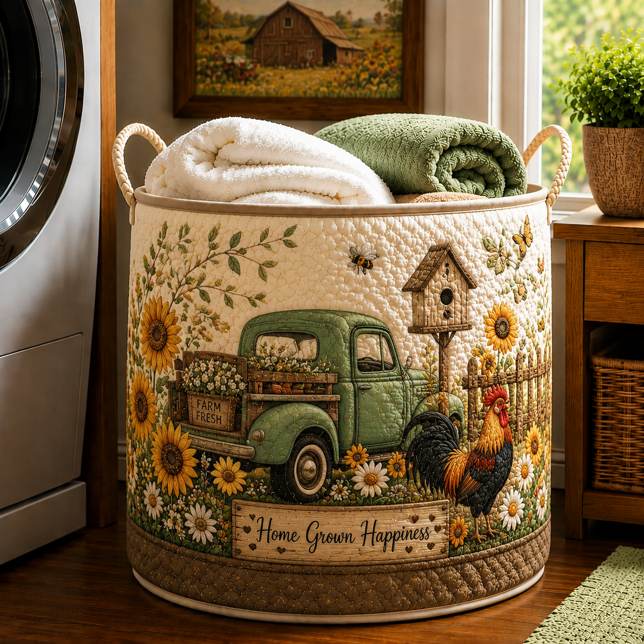 Vintage Green Truck Rooster Sunflower Garden Quilted Laundry Basket