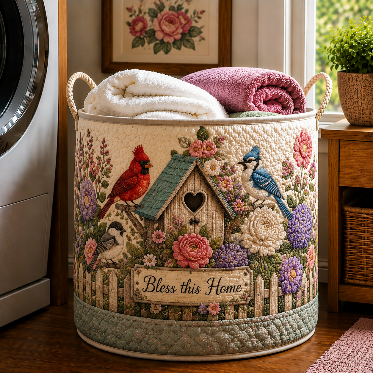 Cardinal Blue Jay Birdhouse Floral Garden Quilted Laundry Basket