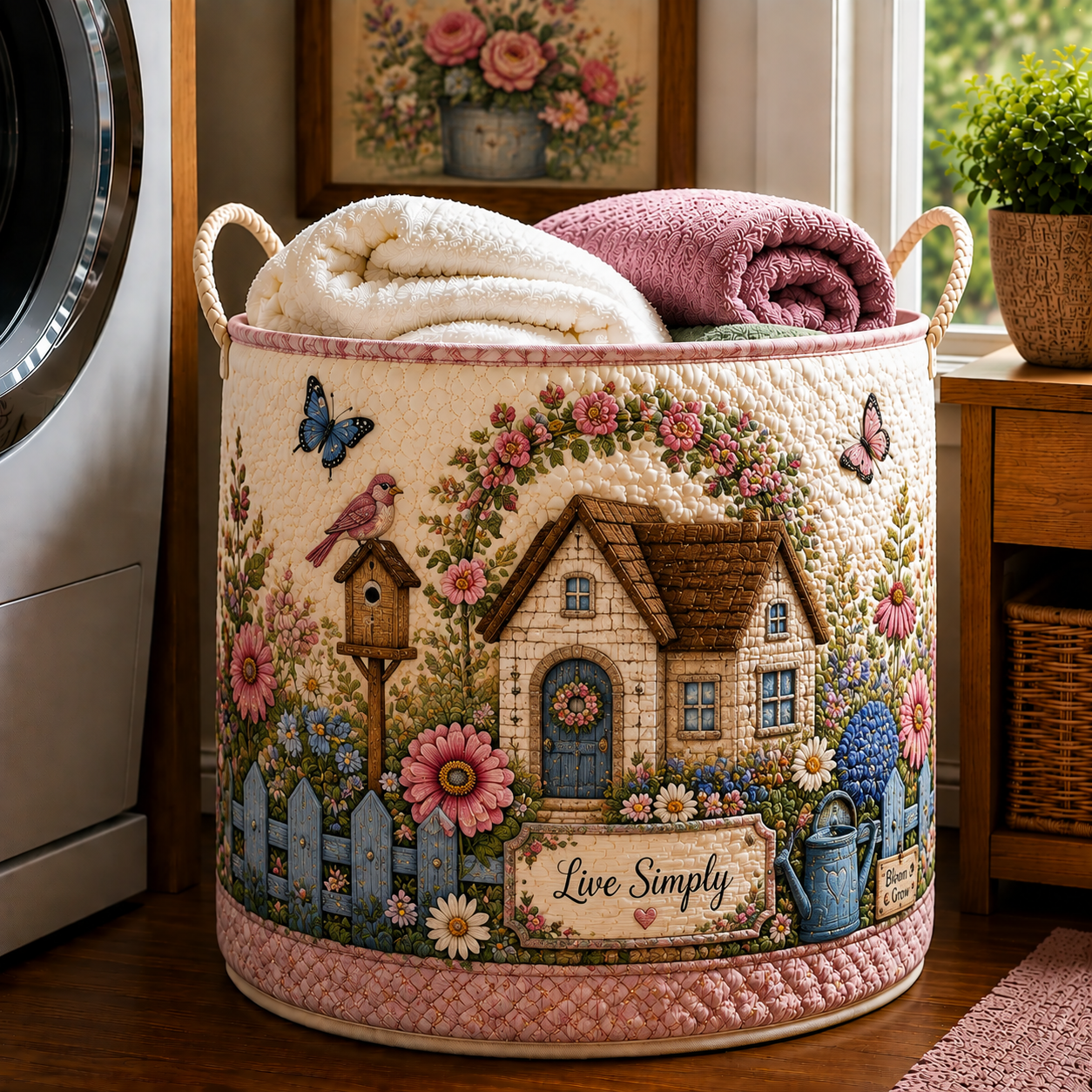 Cottage House Pink Bird Butterfly Garden Quilted Laundry Basket