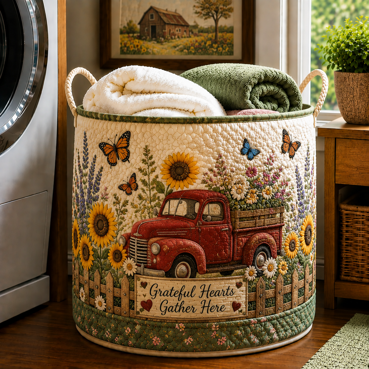 Vintage Red Truck Sunflower Butterfly Garden Quilted Laundry Basket