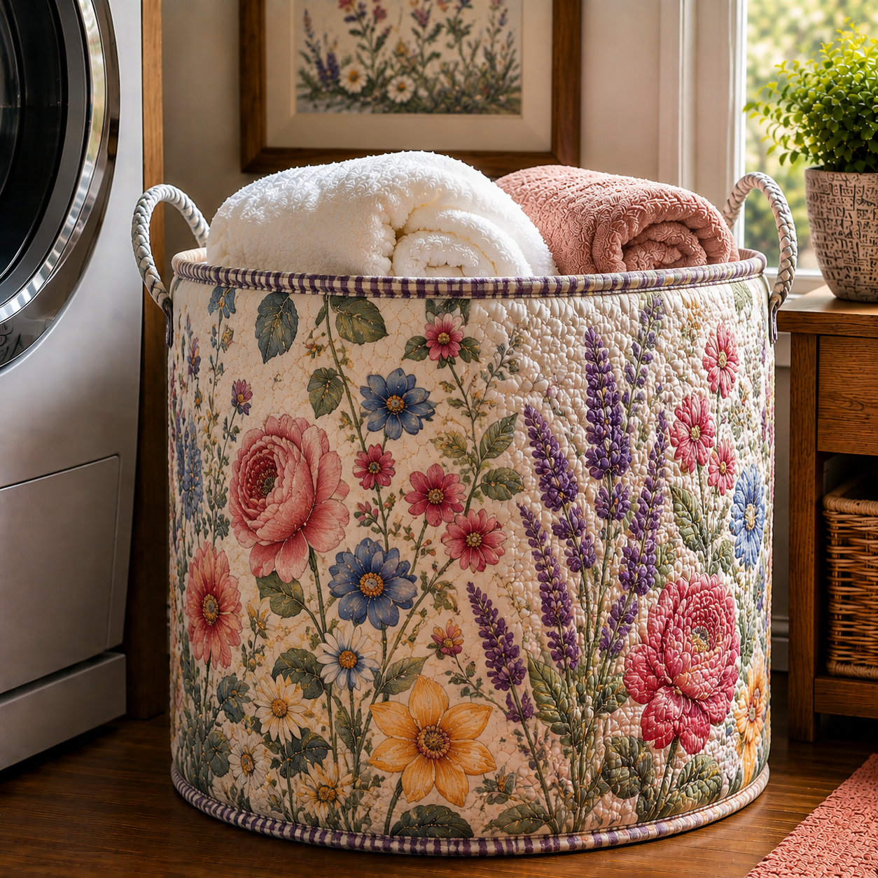 Peony Lavender Wildflower Garden Quilted Laundry Basket