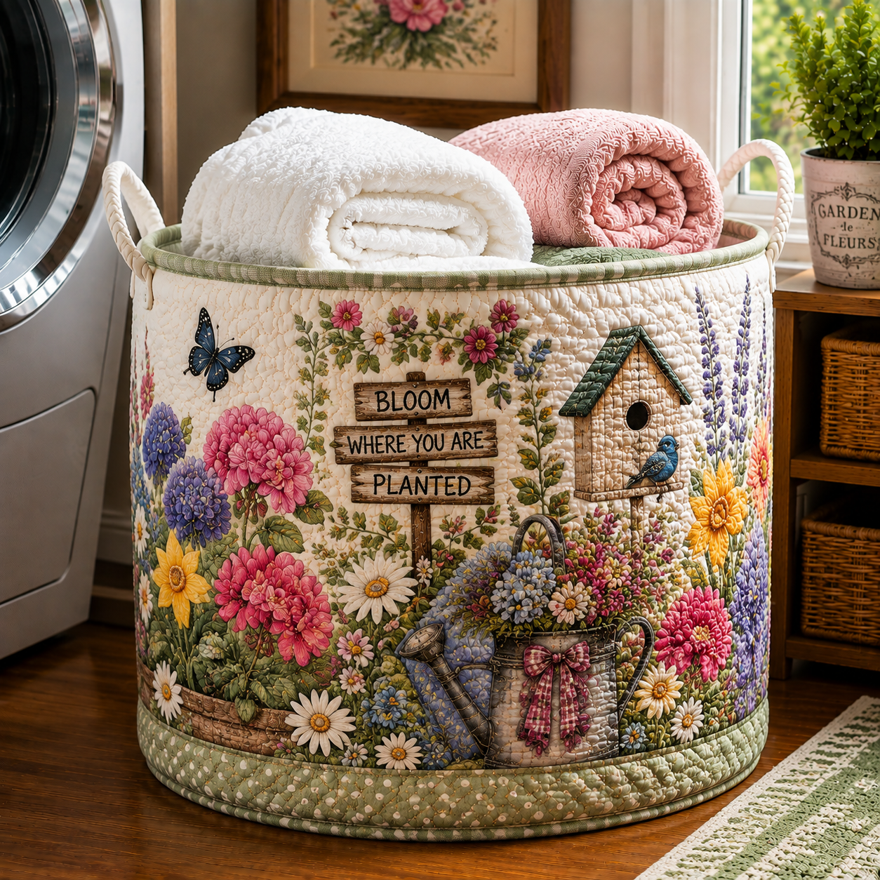 Hydrangea Watering Can Sign Garden Quilted Laundry Basket