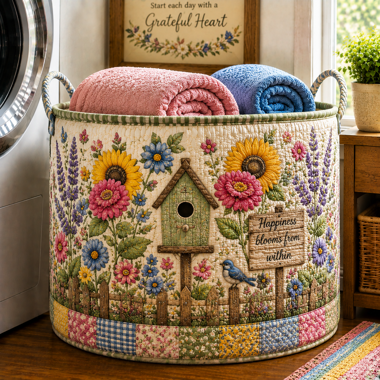 Sunflower Birdhouse Fence Garden Quilted Laundry Basket