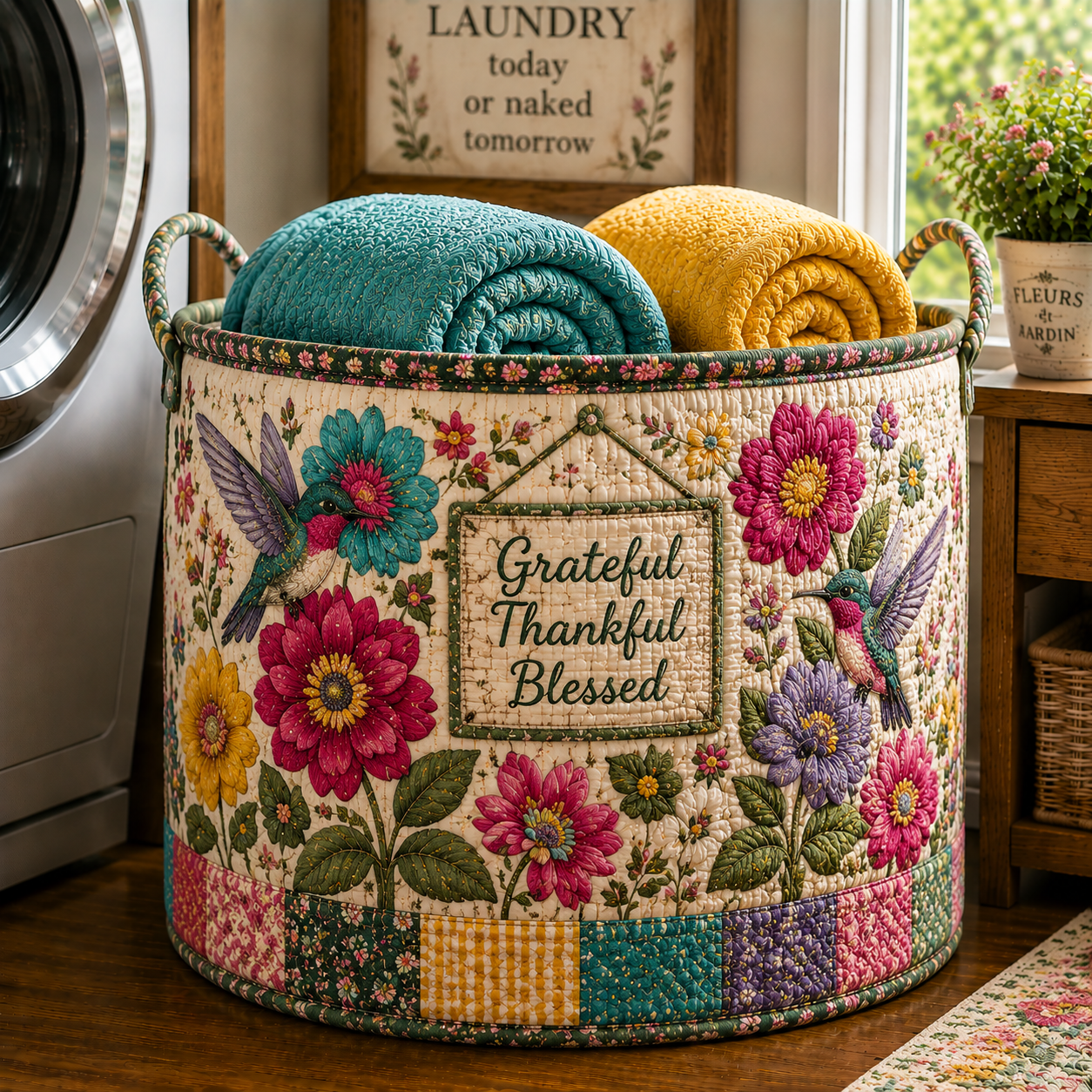 Hummingbird Grateful Floral Patchwork Garden Quilted Laundry Basket