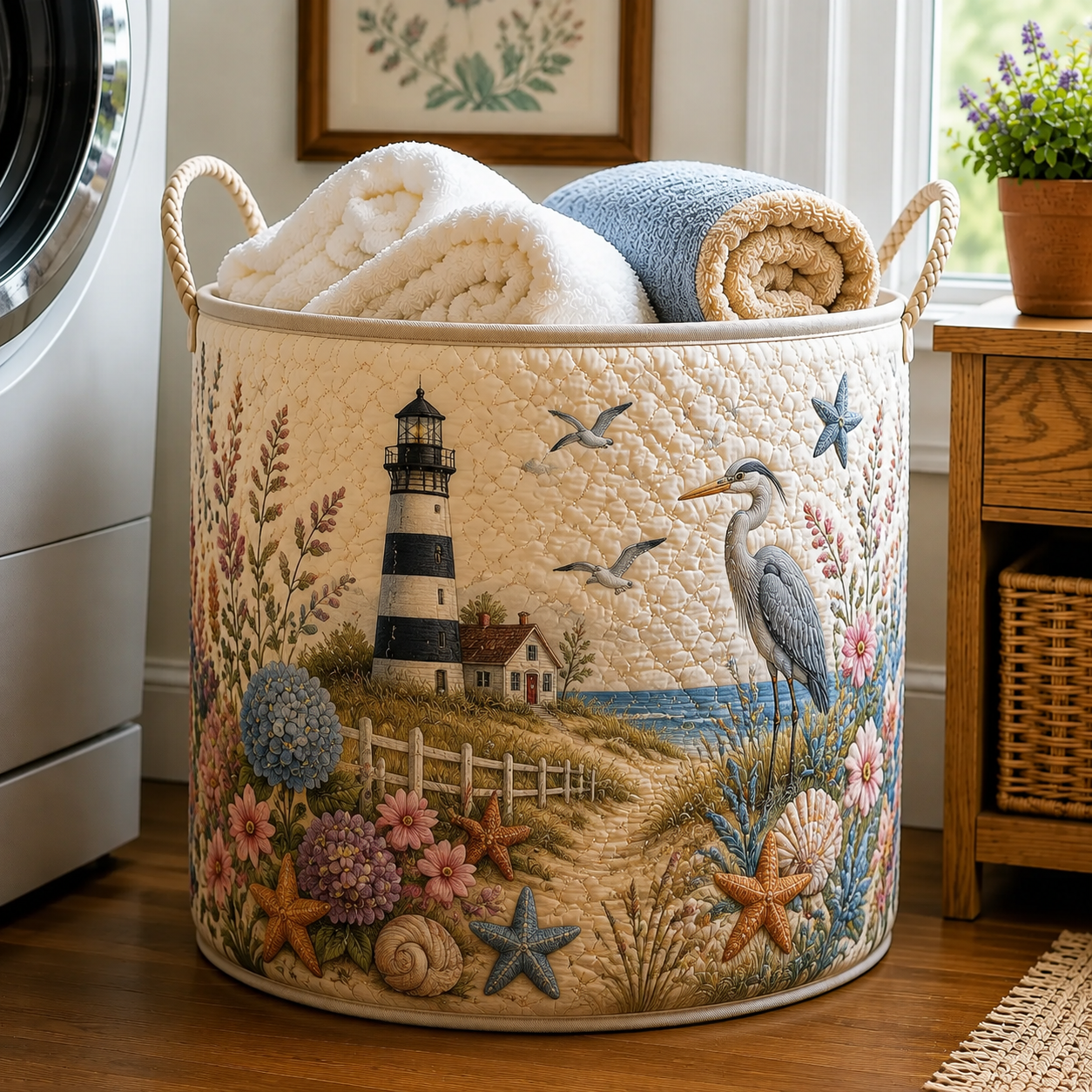 Lighthouse Heron Coastal Floral Garden Quilted Laundry Basket