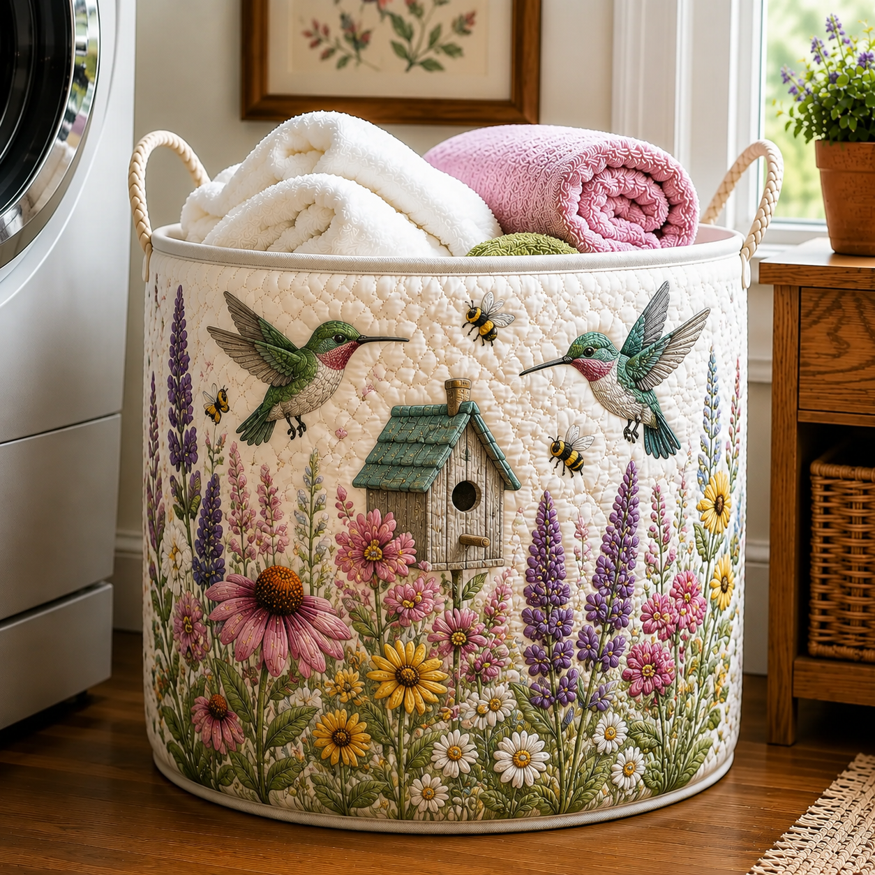 Hummingbird Birdhouse Wildflower Lavender Garden Quilted Laundry Basket