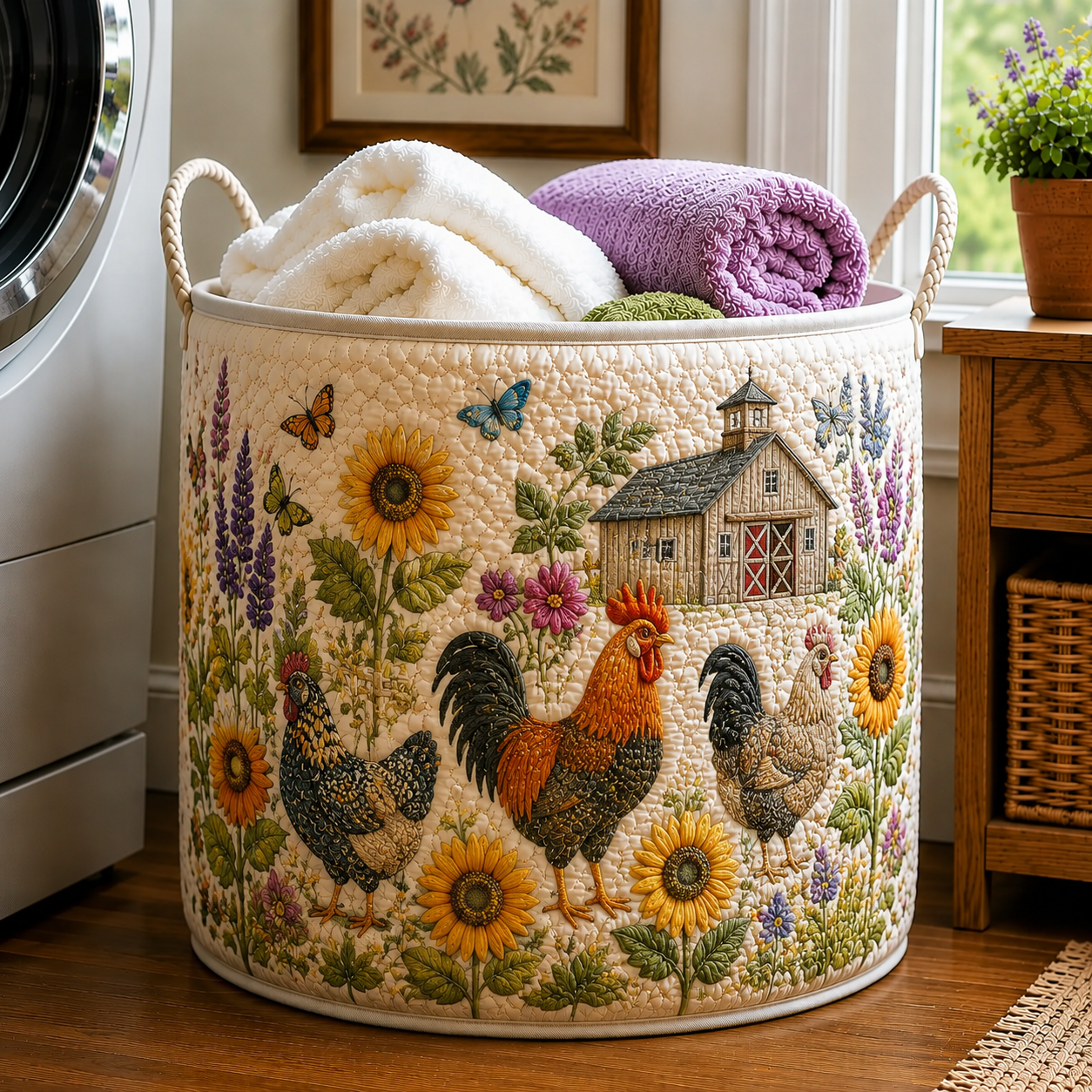 Rooster Barn Sunflower Farm Floral Garden Quilted Laundry Basket