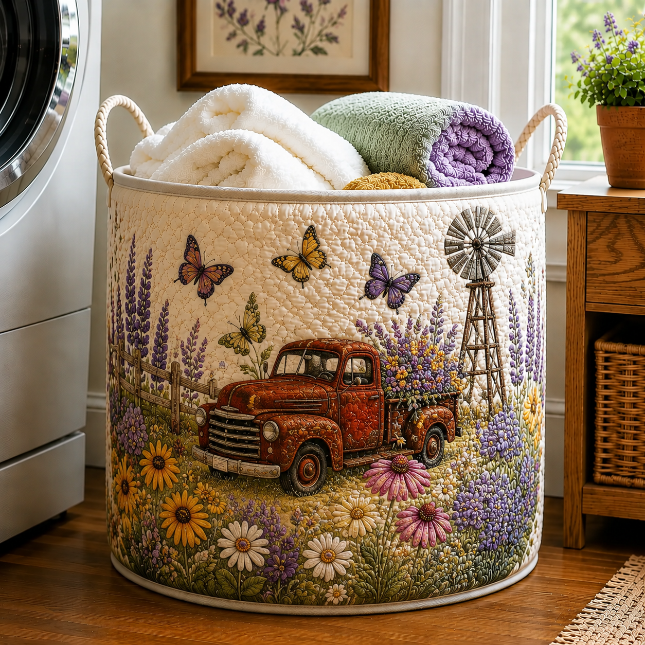 Vintage Red Truck Butterfly Windmill Garden Quilted Laundry Basket