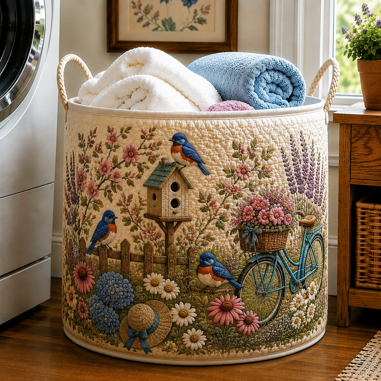 Blue Bird Bicycle Birdhouse Lavender Garden Quilted Laundry Basket