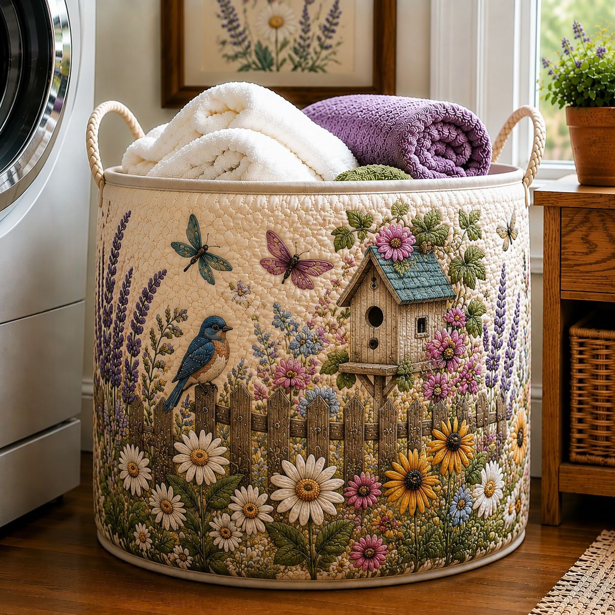 Blue Bird Butterfly Birdhouse Daisy Garden Quilted Laundry Basket