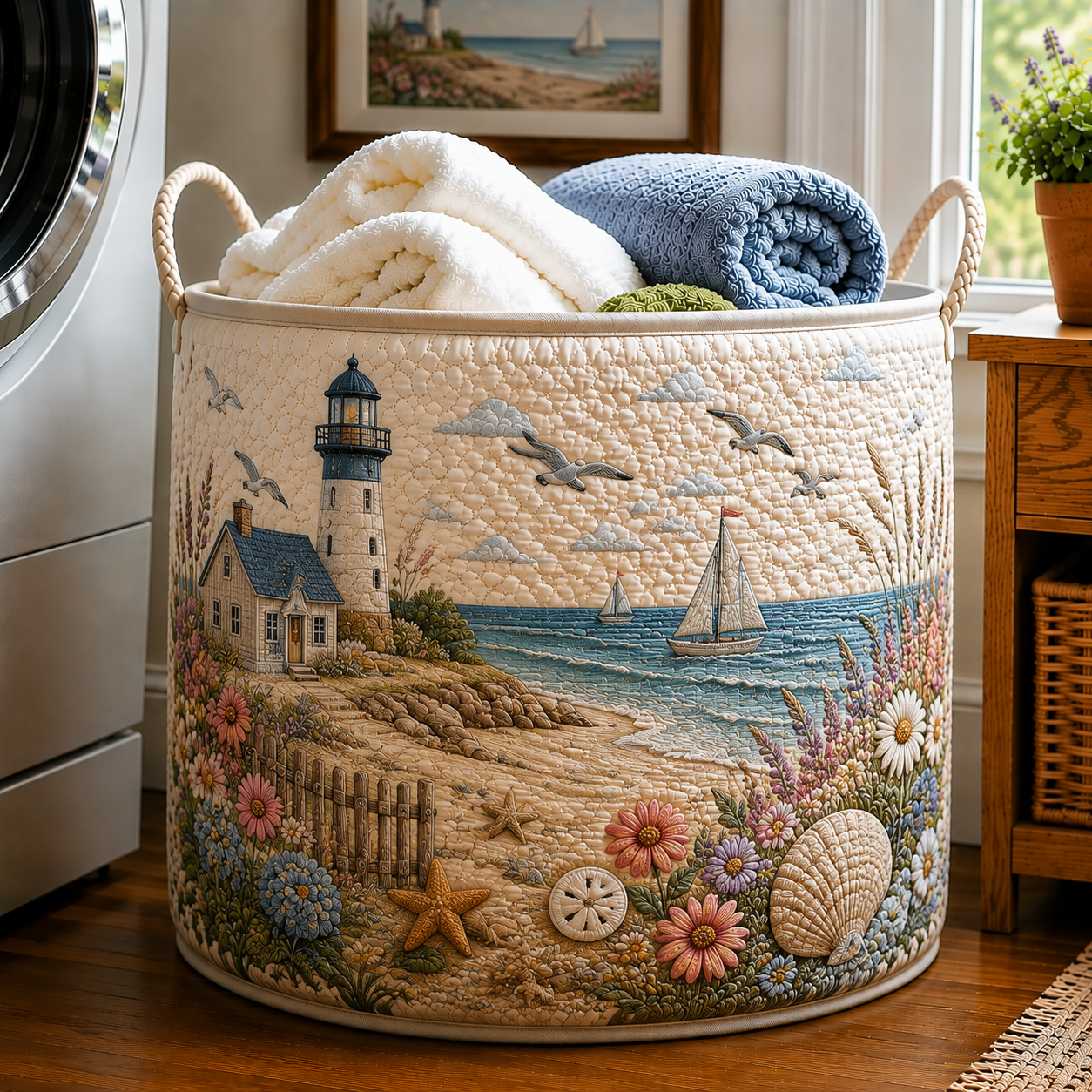 Lighthouse Sailboat Coastal Floral Garden Quilted Laundry Basket