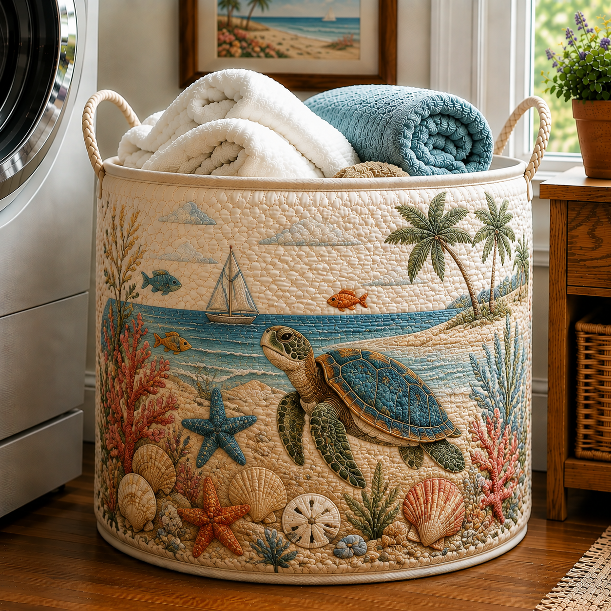 Turtle Starfish Seashell Beach Garden Quilted Laundry Basket
