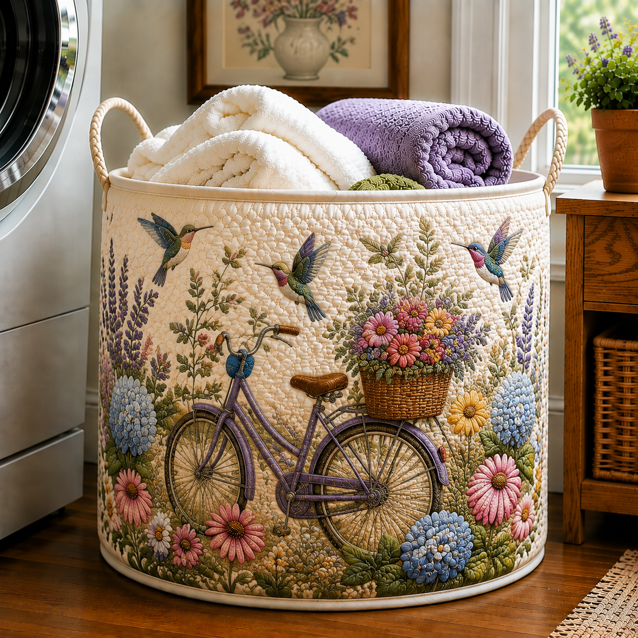 Hummingbird Purple Bicycle Lavender Garden Quilted Laundry Basket
