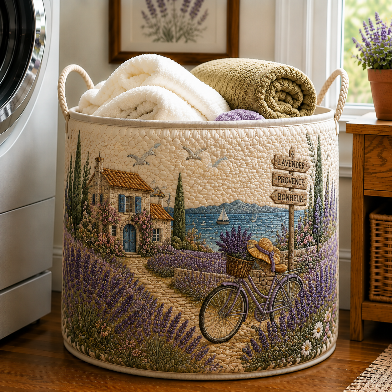 Provence Cottage Lavender Bicycle Garden Quilted Laundry Basket