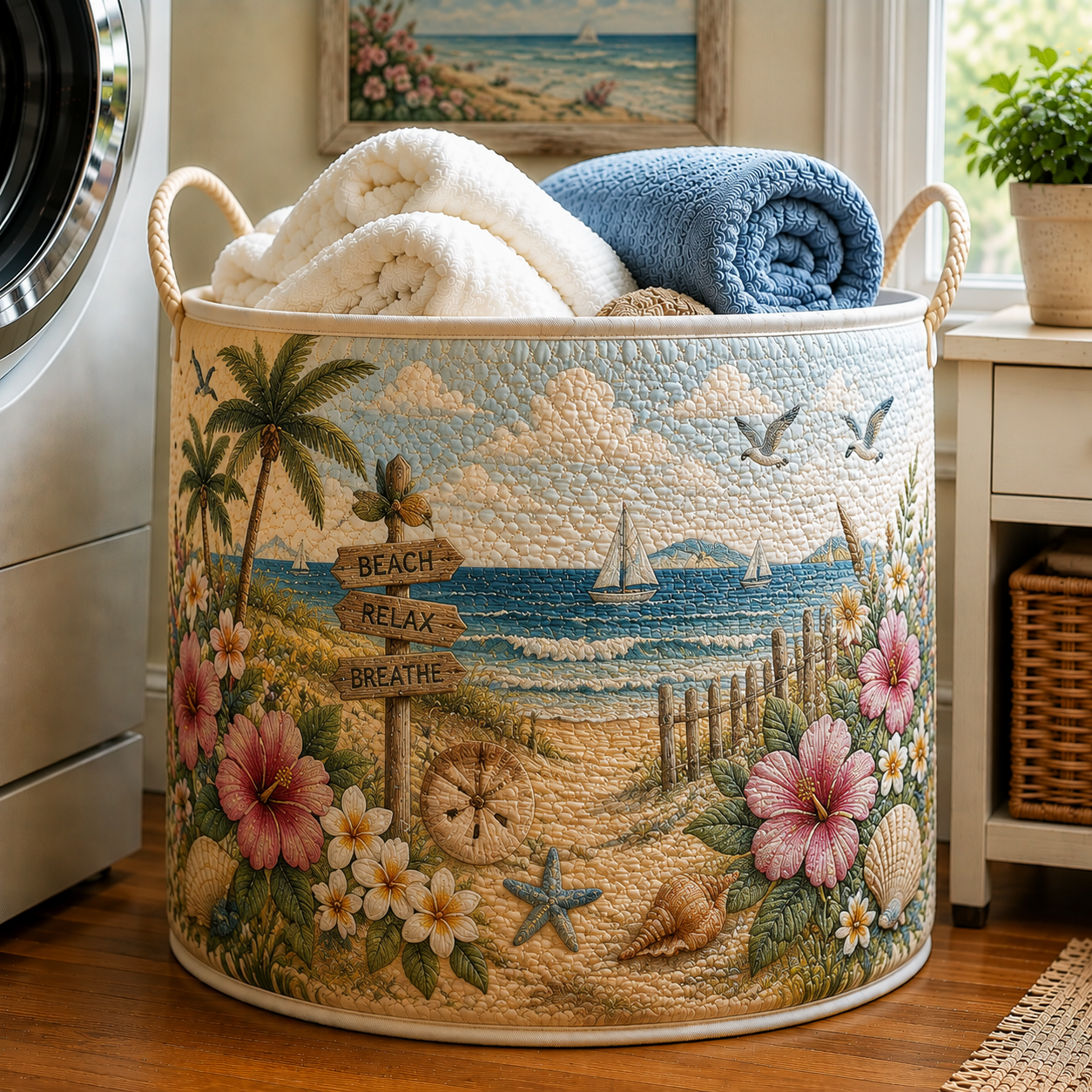 Hibiscus Palm Beach Sign Coastal Garden Quilted Laundry Basket