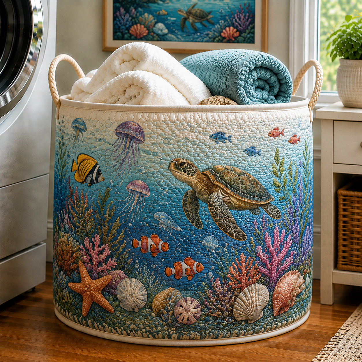Sea Turtle Jellyfish Coral Underwater Garden Quilted Laundry Basket
