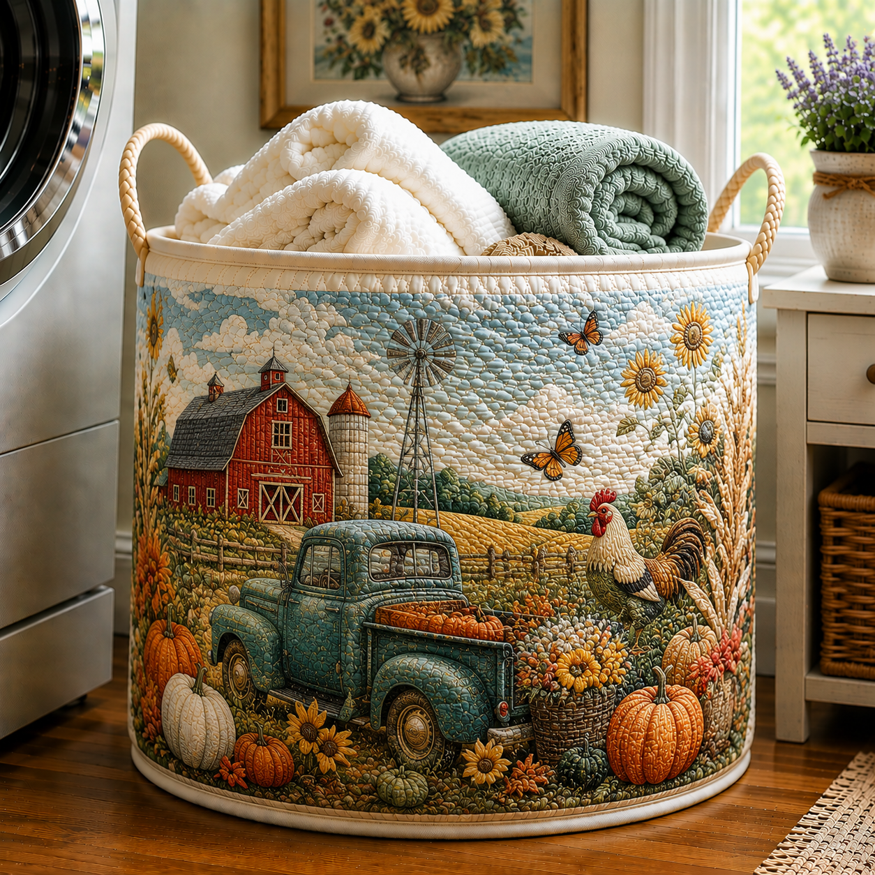 Vintage Truck Rooster Pumpkin Farm Garden Quilted Laundry Basket