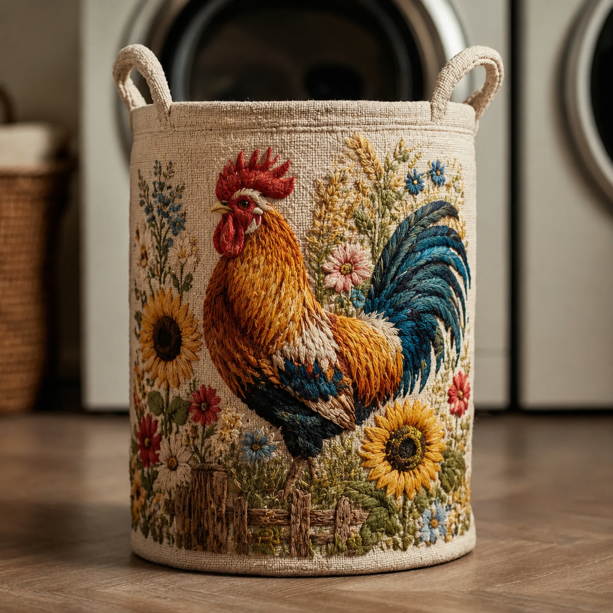 Rooster Sunflower Farm Floral Quilted Laundry Basket