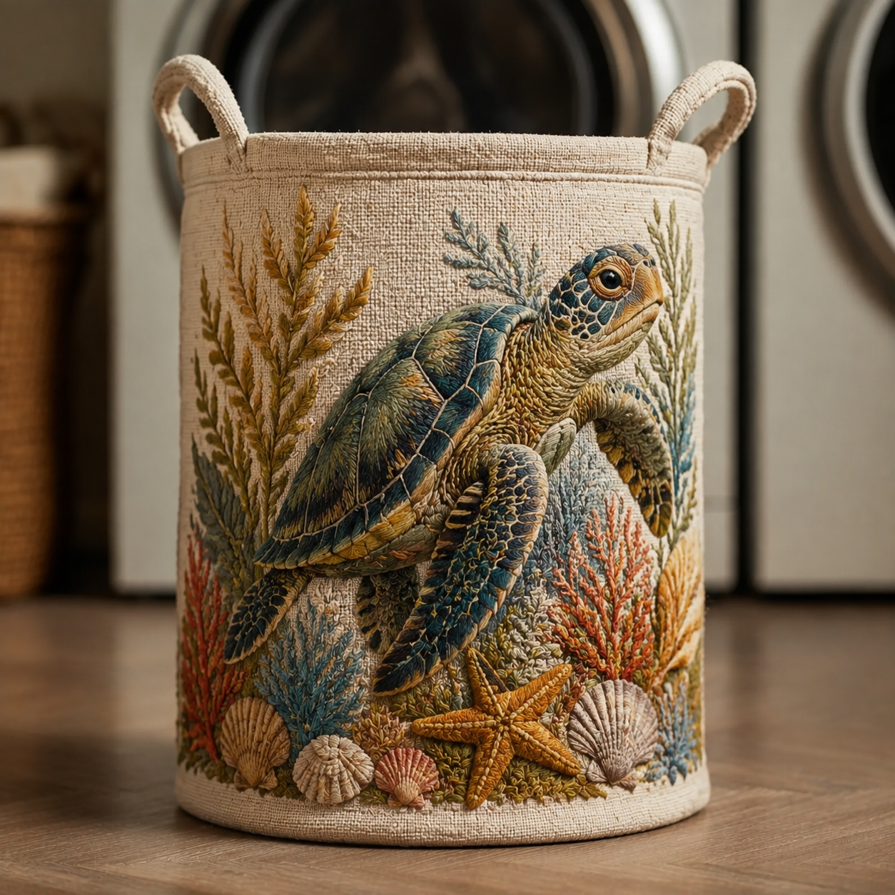 Sea Turtle Coral Seashell Ocean Quilted Laundry Basket