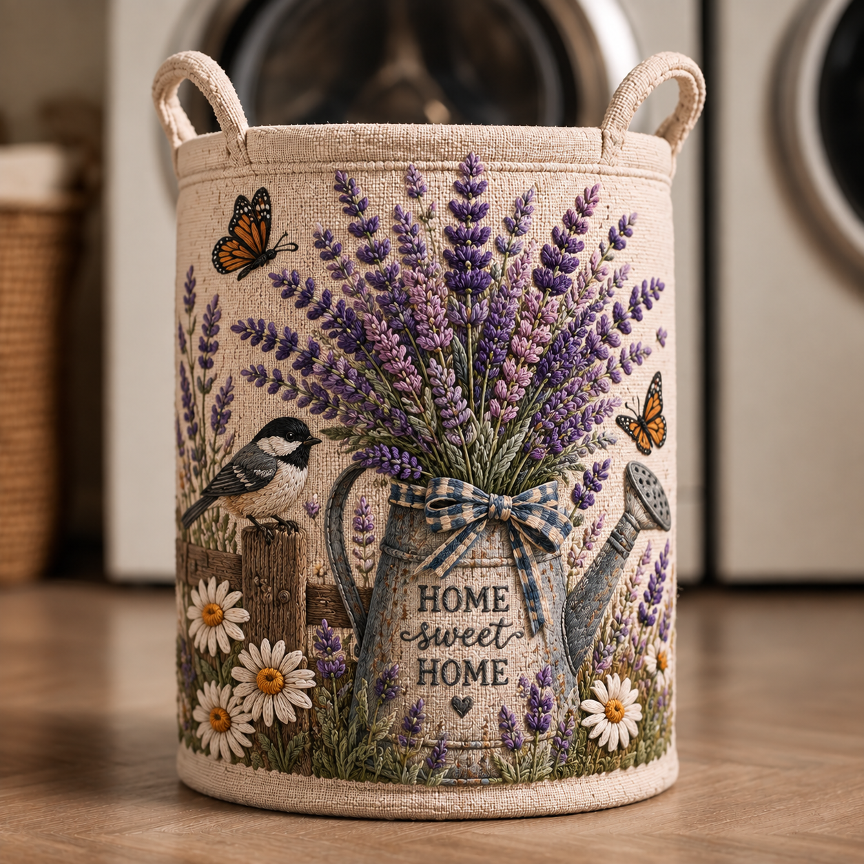 Lavender Chickadee Watering Can Garden Quilted Laundry Basket