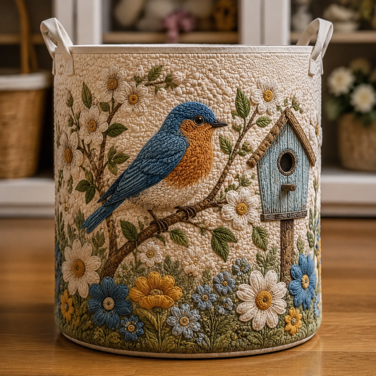 Robin Bird Daisy Birdhouse Floral Quilted Laundry Basket