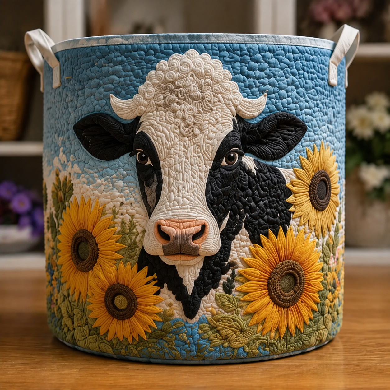 Sky Background Cow Sunflower Farm Quilted Laundry Basket
