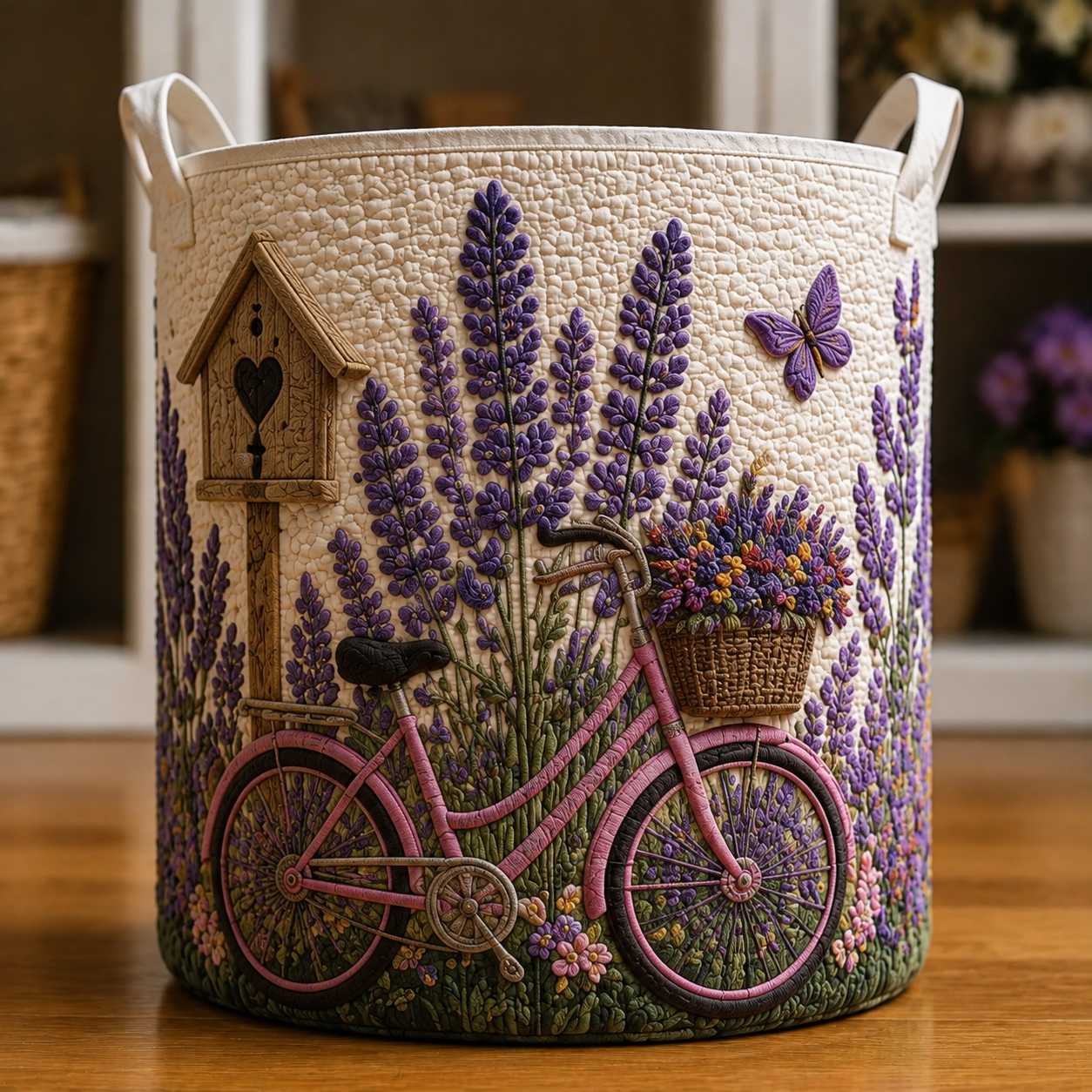 Pink Bicycle Lavender Birdhouse Garden Quilted Laundry Basket