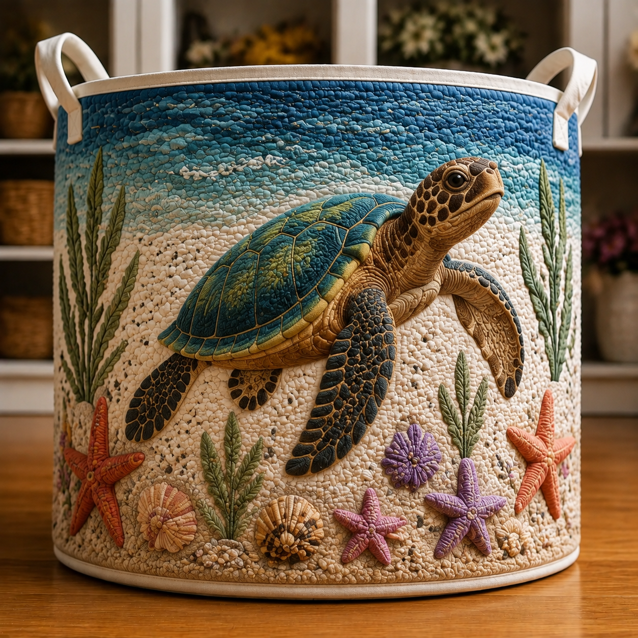 Sea Turtle Starfish Ocean Coral Quilted Laundry Basket