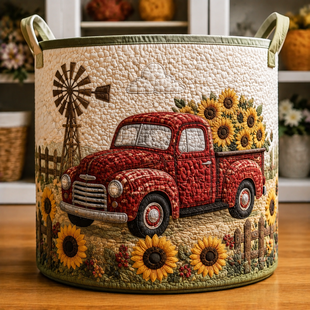 Vintage Red Truck Sunflower Windmill Farm Quilted Laundry Basket
