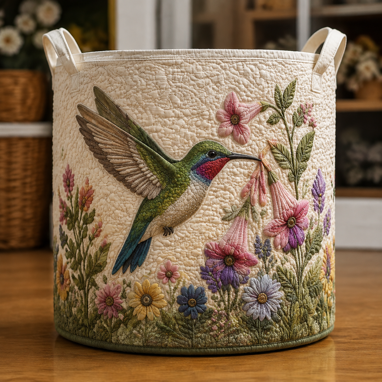 Hummingbird Pink Wildflower Garden Quilted Laundry Basket