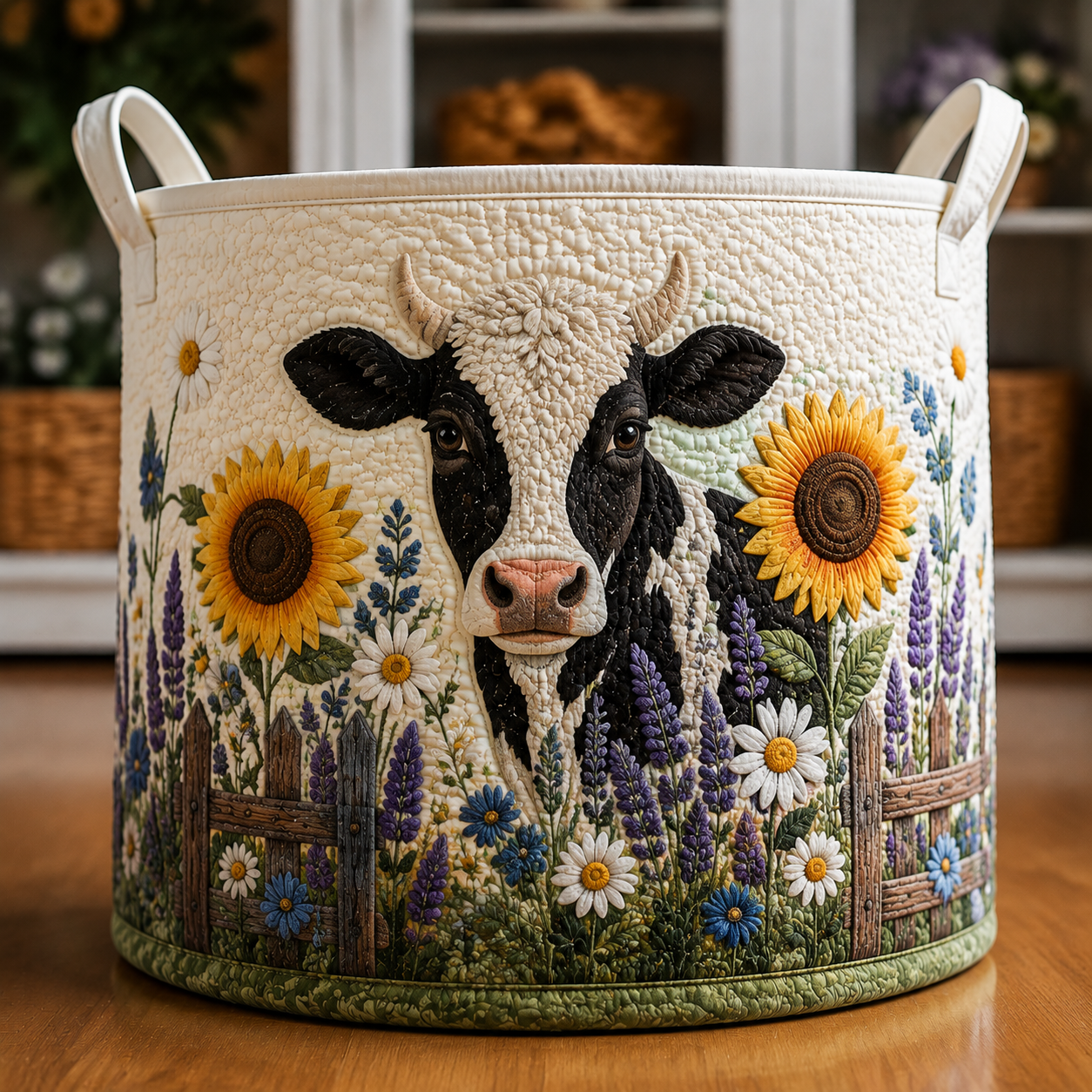 Holstein Cow Sunflower Farm Floral Quilted Laundry Basket