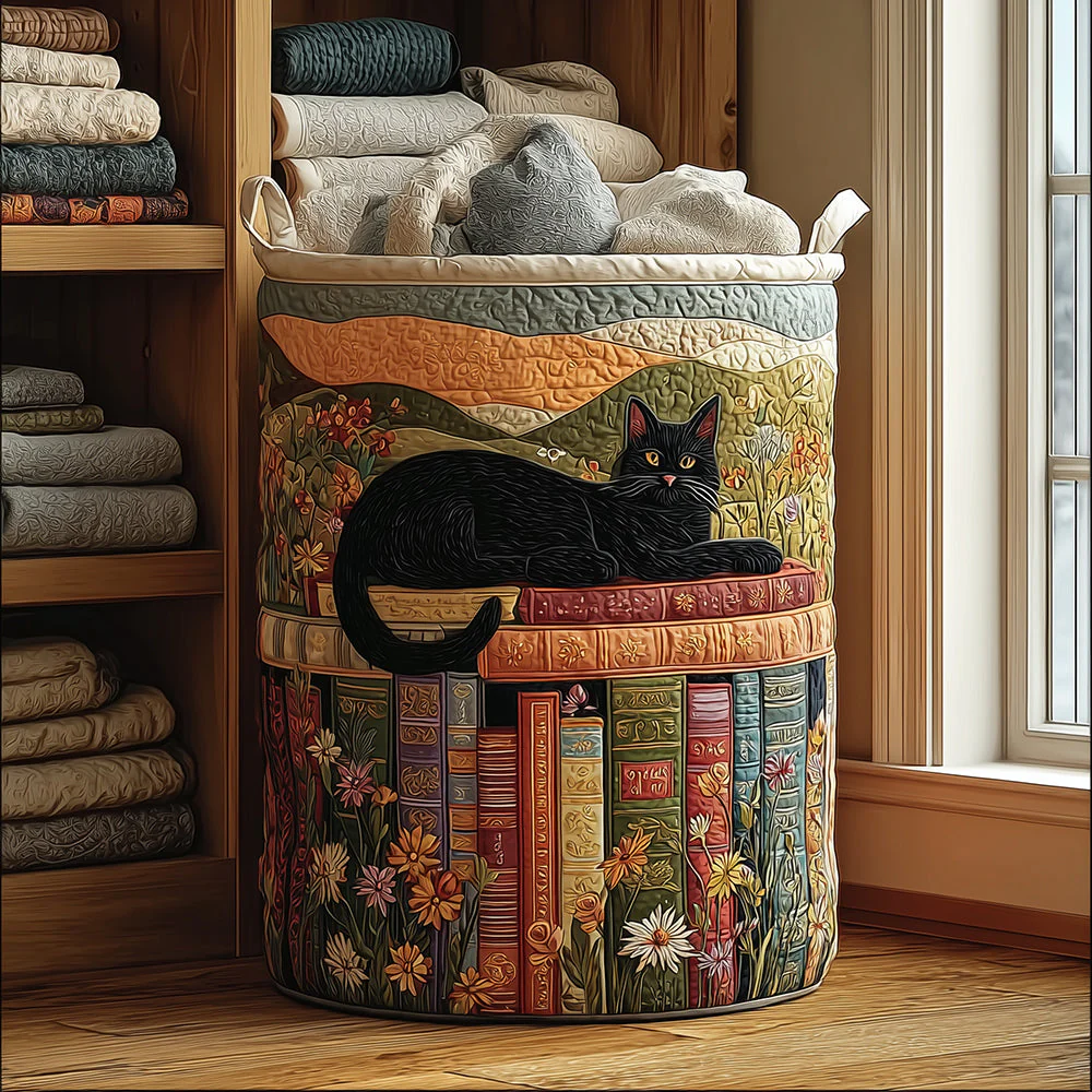 Cat Lying On The Book Quilted Laundry Basket