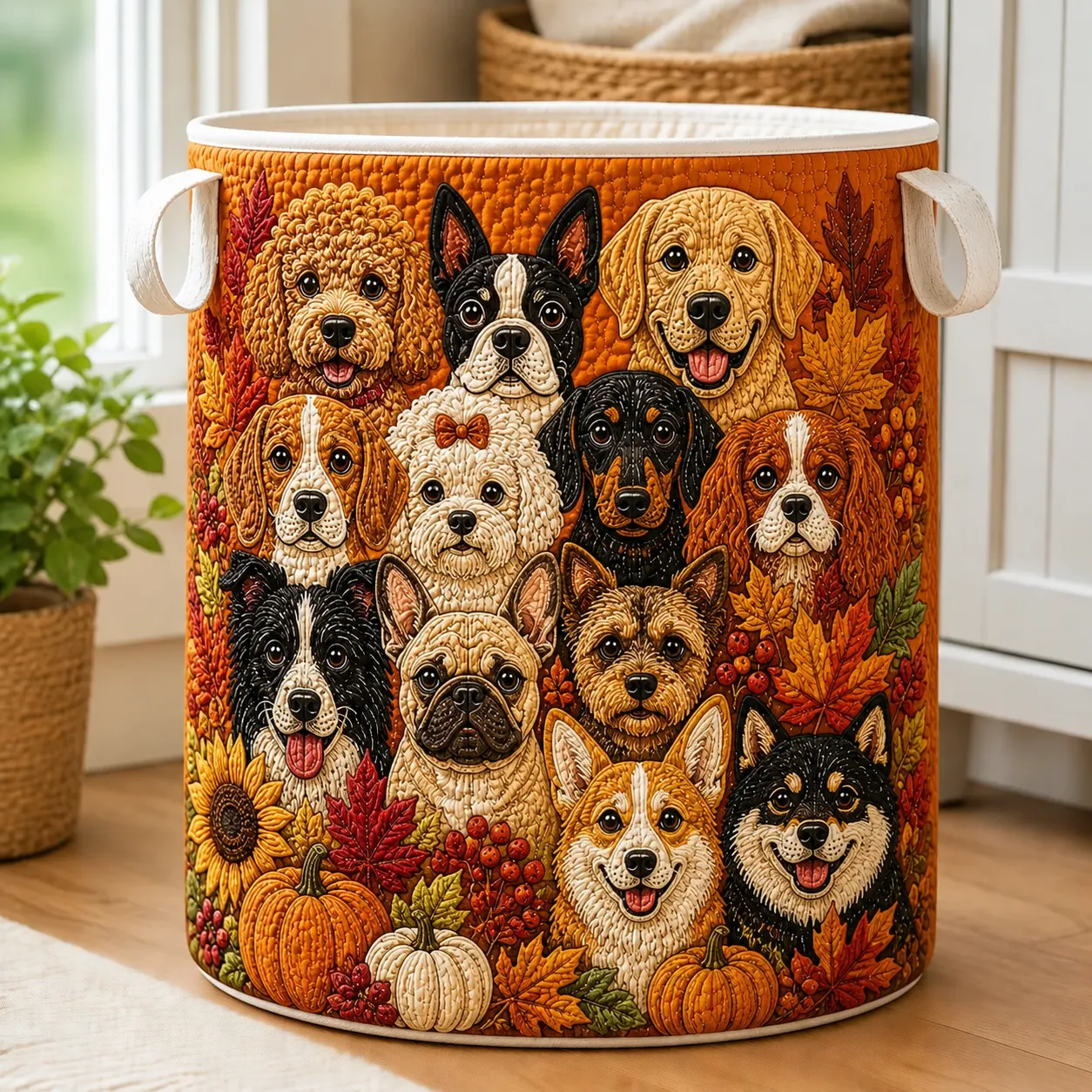 Fall Dog Lover Quilted Laundry Basket