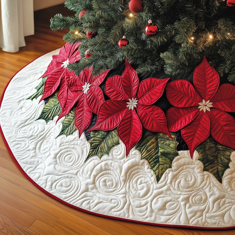 Christmas Poinsettias Quilted Tree Skirt
