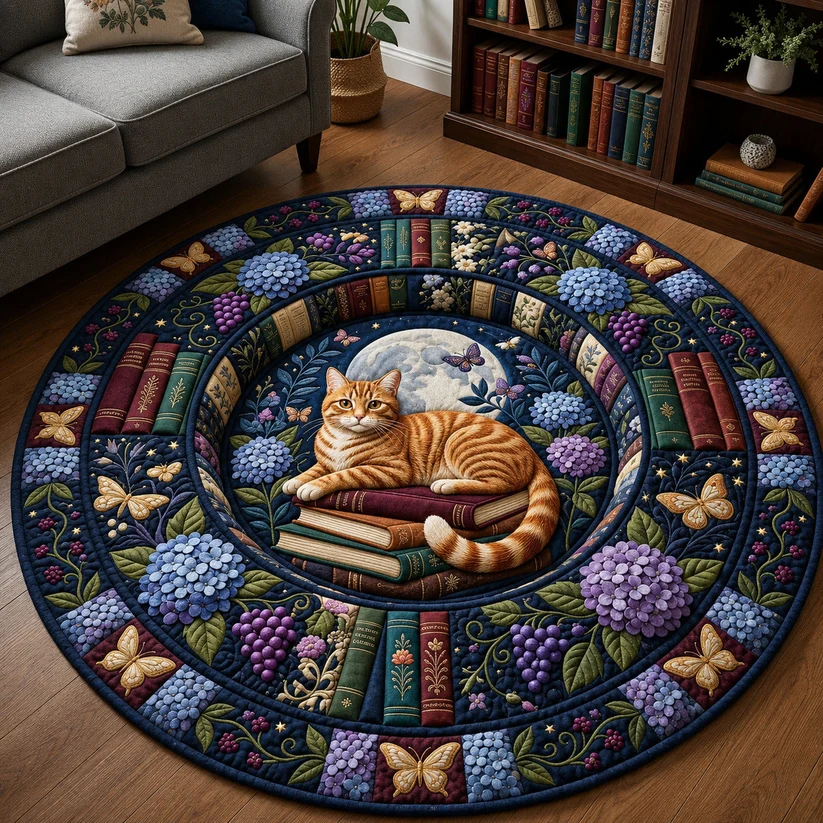 Reading Cat Quilted Round Mat