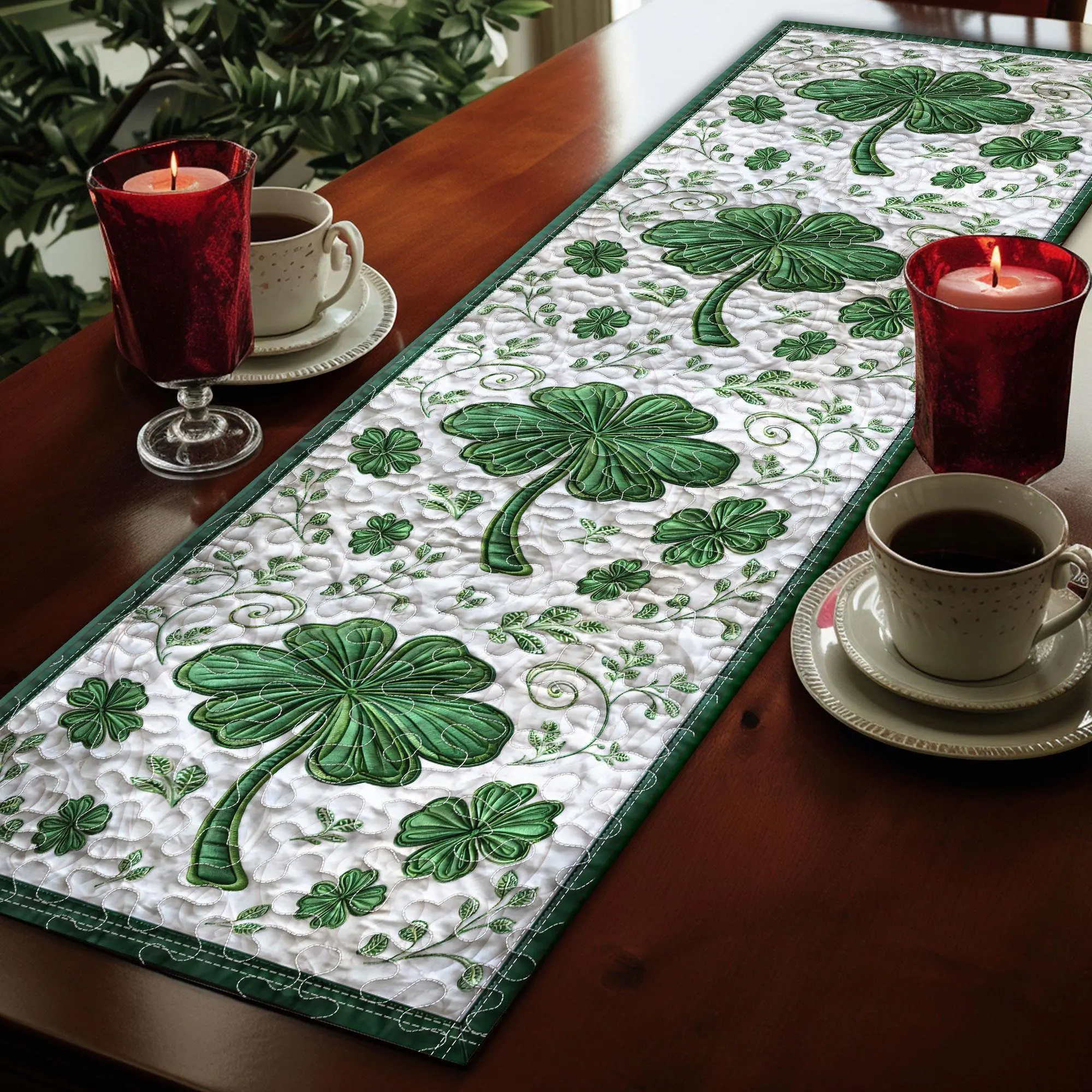 Green Shamrock Clover St.Patrick Day Quilted Table Runner TC1003