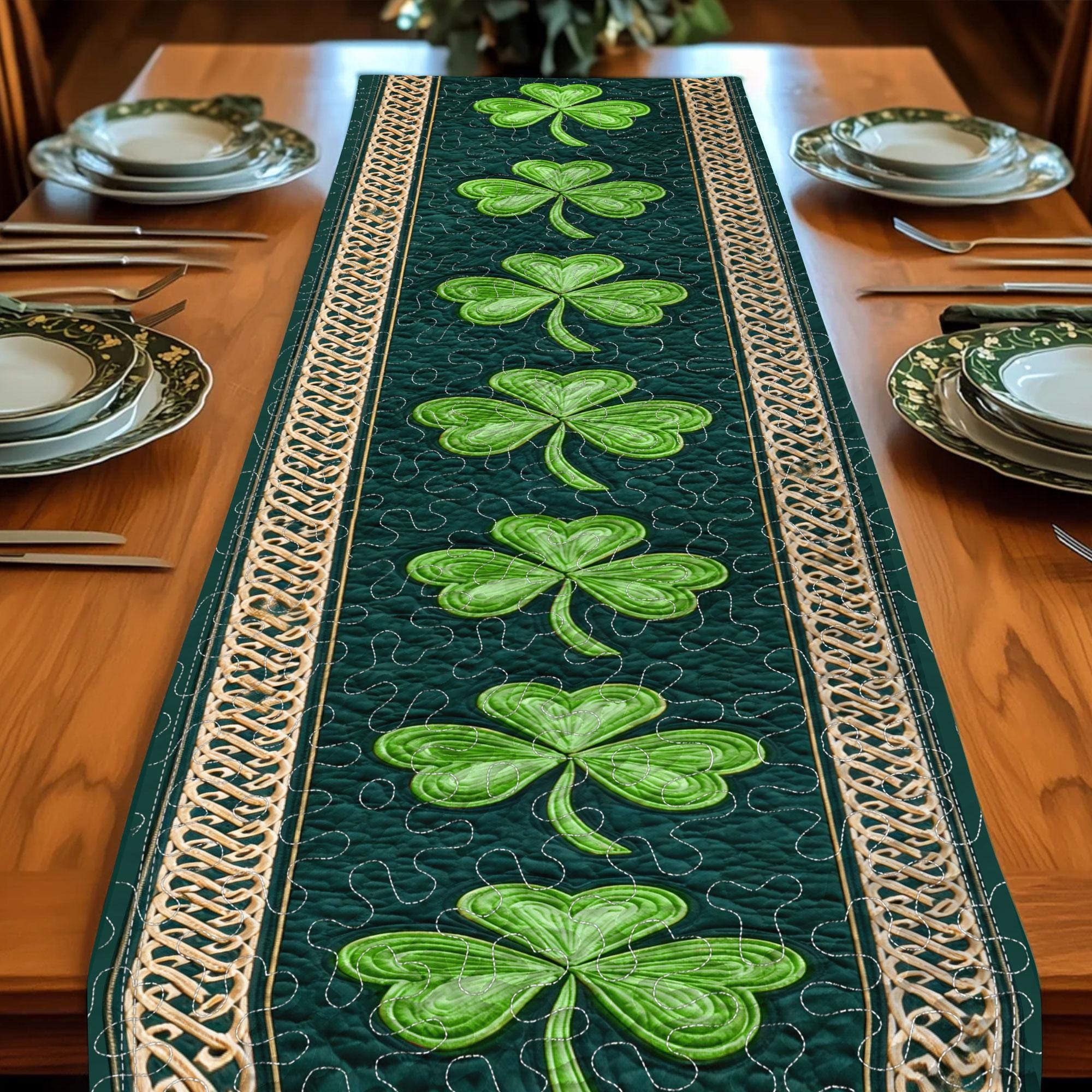 Shamrock Clover St.Patrick Day Quilted Table Runner Irish Celtic Dining Table TC1005
